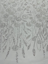 White Beaded Fabric 3D Floral Butterfly Fabric By Yard, Luxury Butterfly Mesh